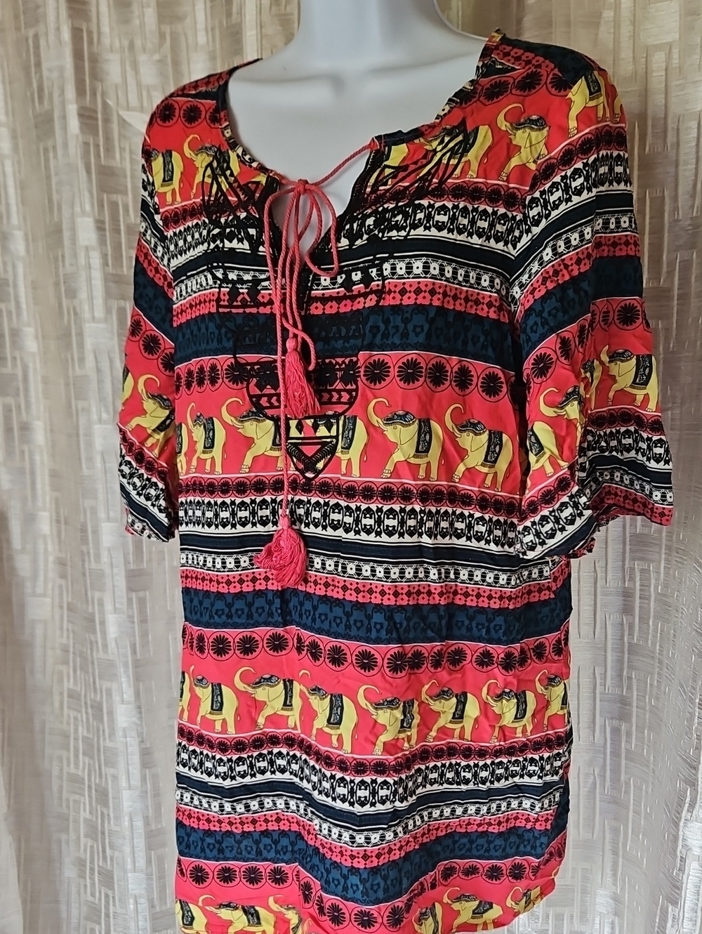 Velzera Red Elephant Print Tie-Front Tunic